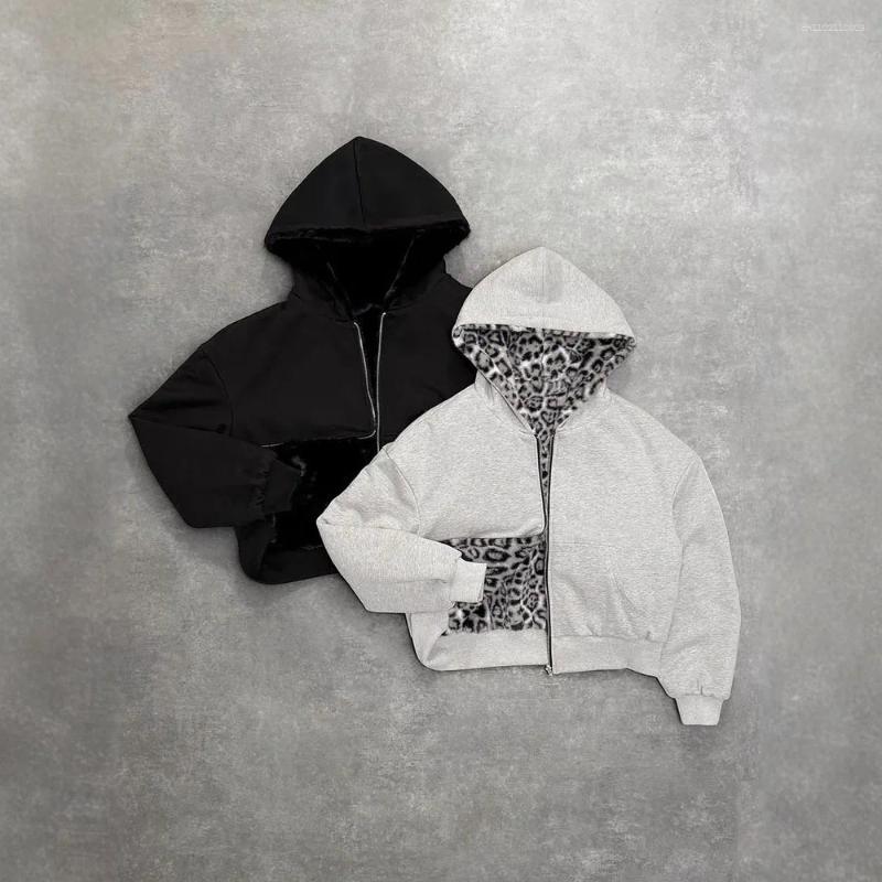 Men's Hoodies Autumn Winter Retro Fashion Leopard Print Two Sides Wear Loose Zip Up Hoodie Men High Street Punk Casual Oversized Sweatshirts