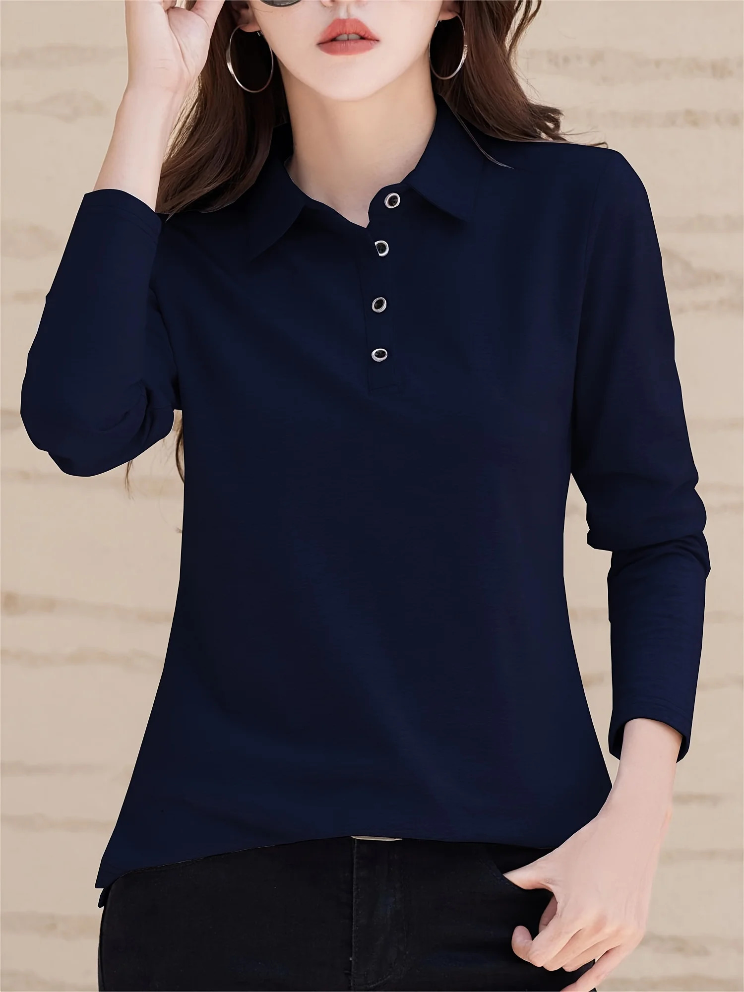 Solid Button Front Tshirt Regular Fit Versatile Long Sleeve Simple For Womens Clothing Comfort Wardrobe Staple 250814