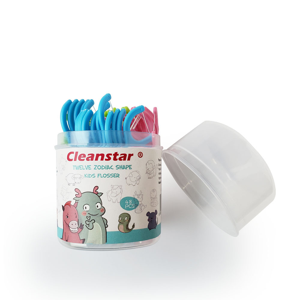 12 Chinese Zodiac Children's Dental Floss Sticks, 48-Piece Canister, Colorful Dental Floss Sticks, Plastic Dental Floss