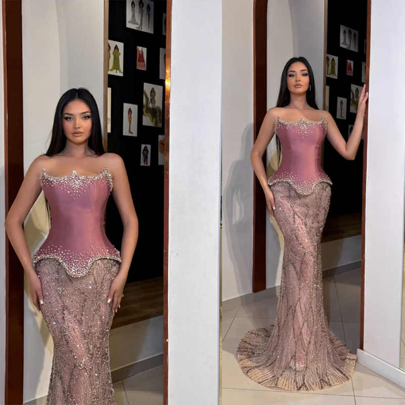 Gorgeous Mermaid Evening Dresses Strapless Floor Length Prom Gowns Crystal Beadeds Birthday Party Vestido De Gala Customized