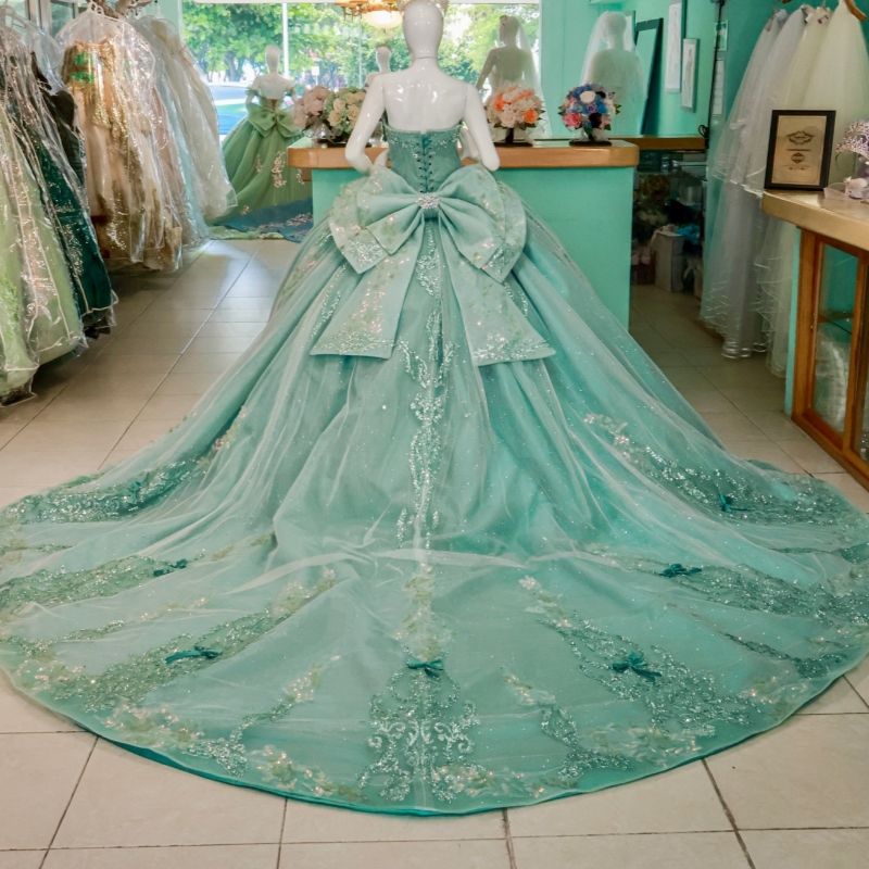 Mint Green Shiny Princess Sweet 16 Dress Dress Quinceanera Dresses Applique Lace Beading Bow Corset Tull Party Birthday Vestido De 15 Anos Ball Gowns