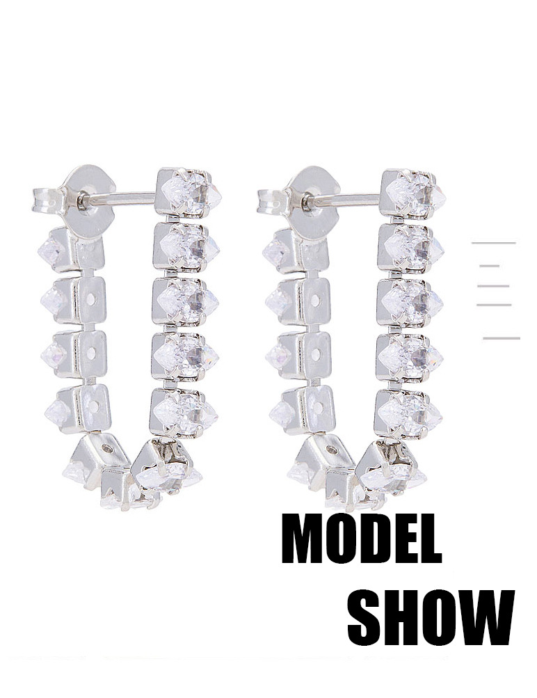 Square diamond U-shaped stud earrings with a cold and cool style, super shiny ins earrings, versatile earrings for women