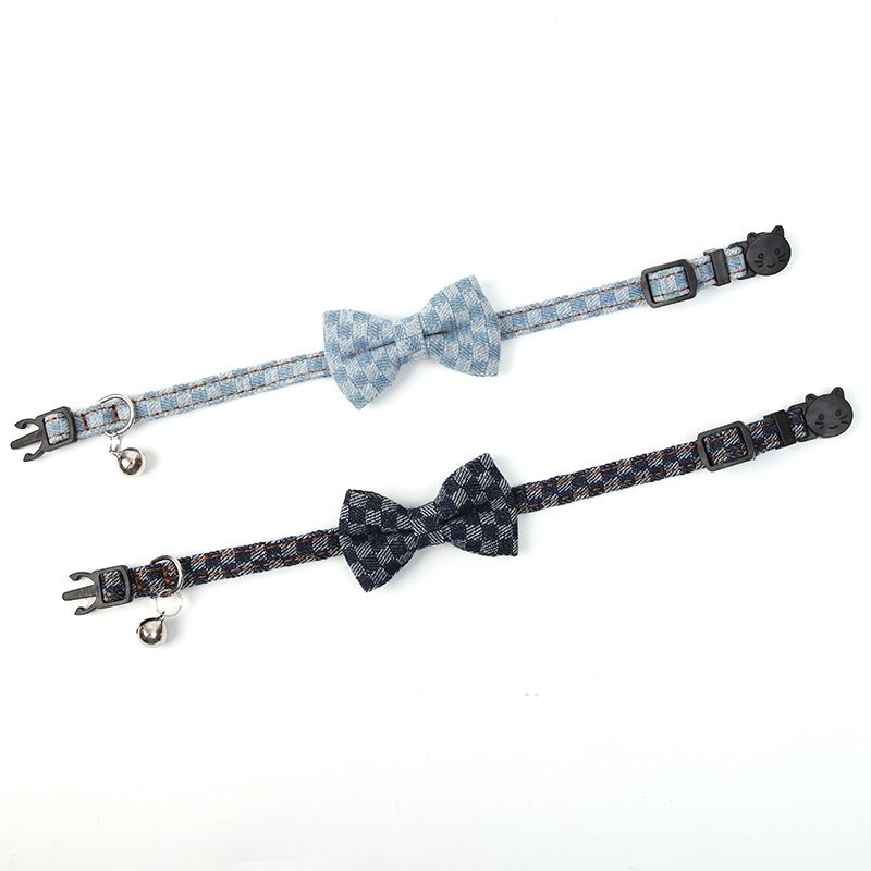 Chic Checkered Denim Bow Tie Pet Dog Cats Collar with Bell Light & Dark Wash