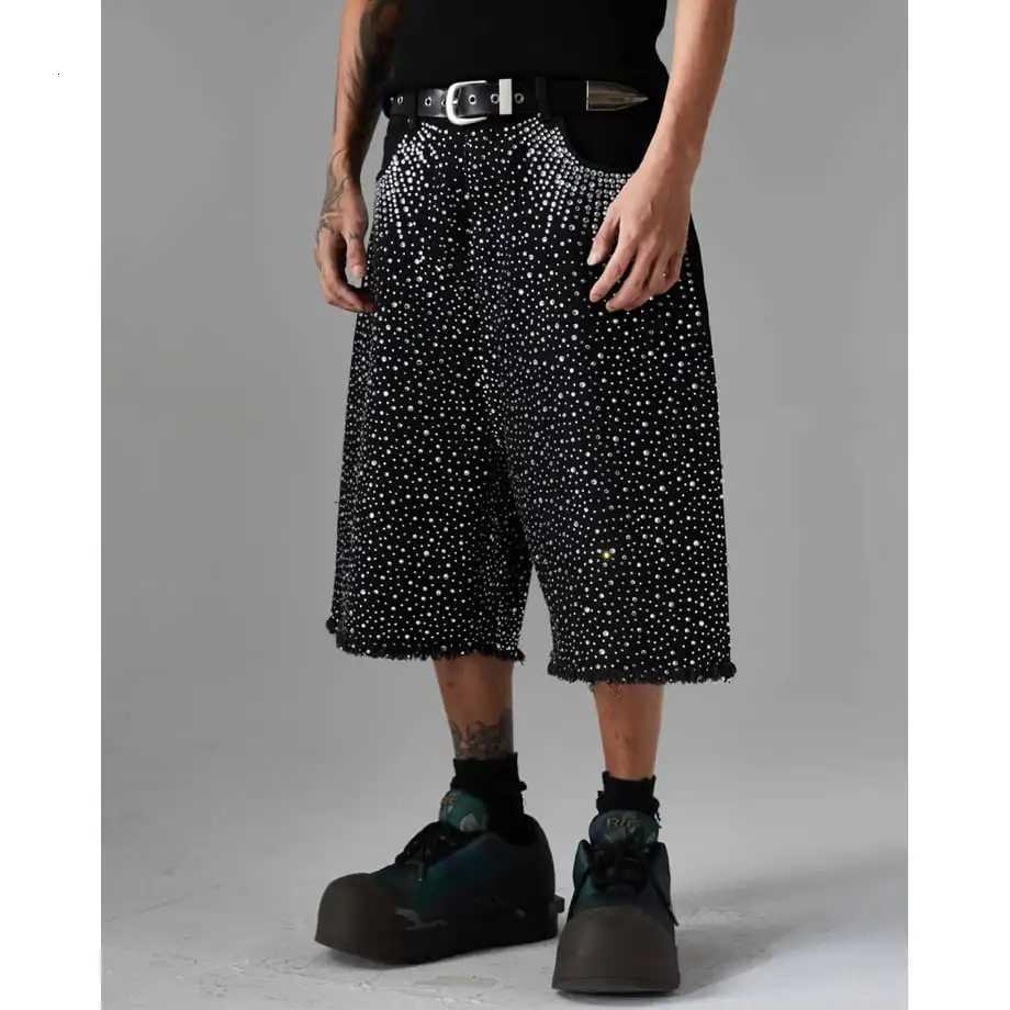 Y2k 2000s Rhinestone Sequin Denim Shorts Jeans Hip Hop Streetwear Mens Baggy Denim Gym Shorts Vintage Casual Basketball Shorts Y250814