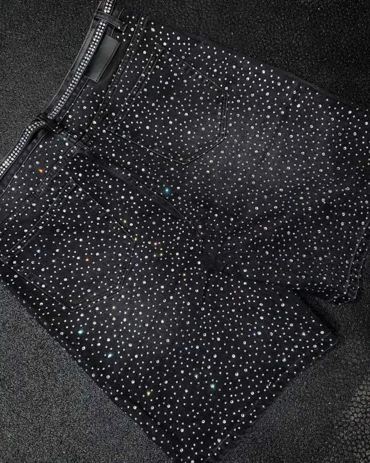 Streetwear Retro Full Sequin Denim Short Y2K Jeans Hip Hop Solid Color Washed Baggy Shorts Low Waist Over The Knee Pants Y250814