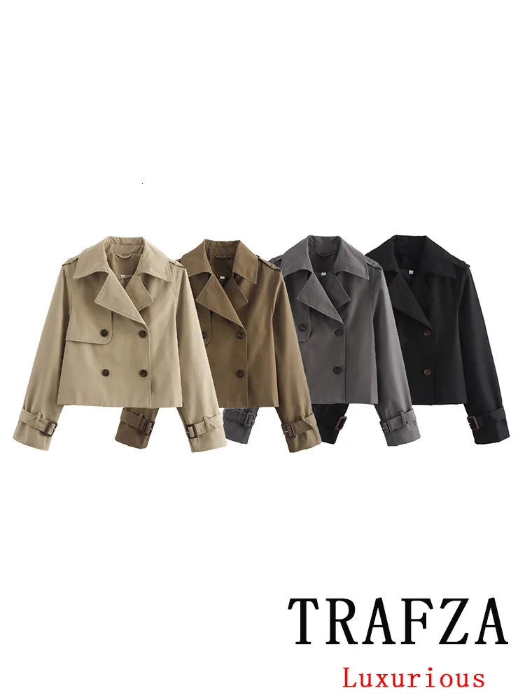 TRAFZA Vintage Casual Chic Women Jackets Solid Double Breasted Turndown Collar Long Sleeve Short Coat Fashion 2024 Autumn 250805
