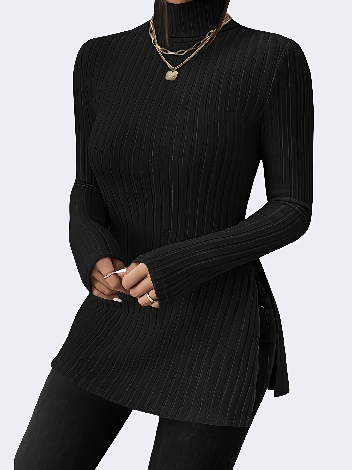 Women's Plus Size High Neck Pullover Sweater with Slit Slim Fit Base Shirt Ribbed Striped Mid-Length Top