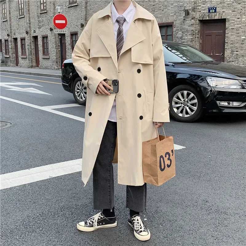 2023 Spring Autumn Mens Loose-fit Trench Coat Stylish Hong Kong Style Double-row Buttoning Medium-length Overcoat W250815