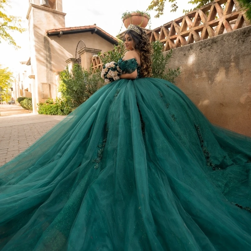 Blackish Green Shiny Princess Sweet 16 Quinceanera Dresses Off The Shoulder Applique Lace Beads Tull Party Birthday Vestides De