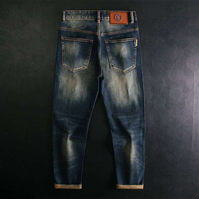 High end retro light jeans for men's casual, versatile, washed, elastic, slim fit, small straight leg, classic and trendy