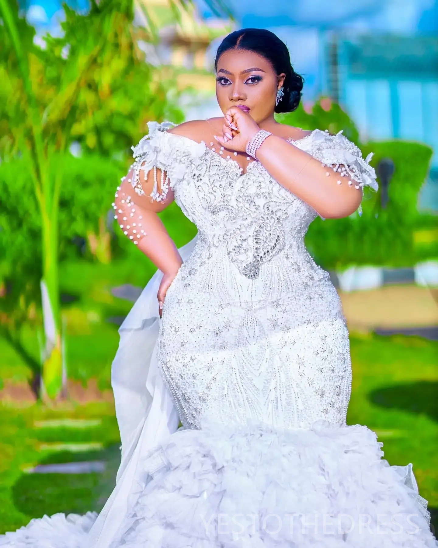 Arabic Aso Ebi Plus Size Off White Mermaid Wedding Dresses 2025 Pearls Beaded Floral Lace Full Sleeves Luxurious Vintage Bridal Gowns Dress D594
