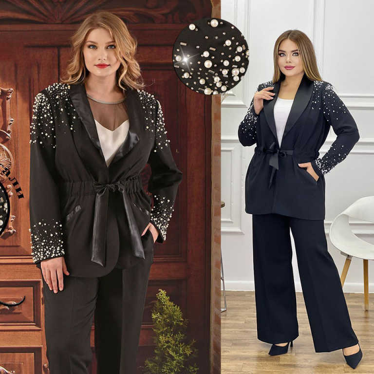 Elegant Customized 2 Pieces Women Suits Pearls Beadeds With Sash Jacket Blazers Formal Office Ladies Work Wear