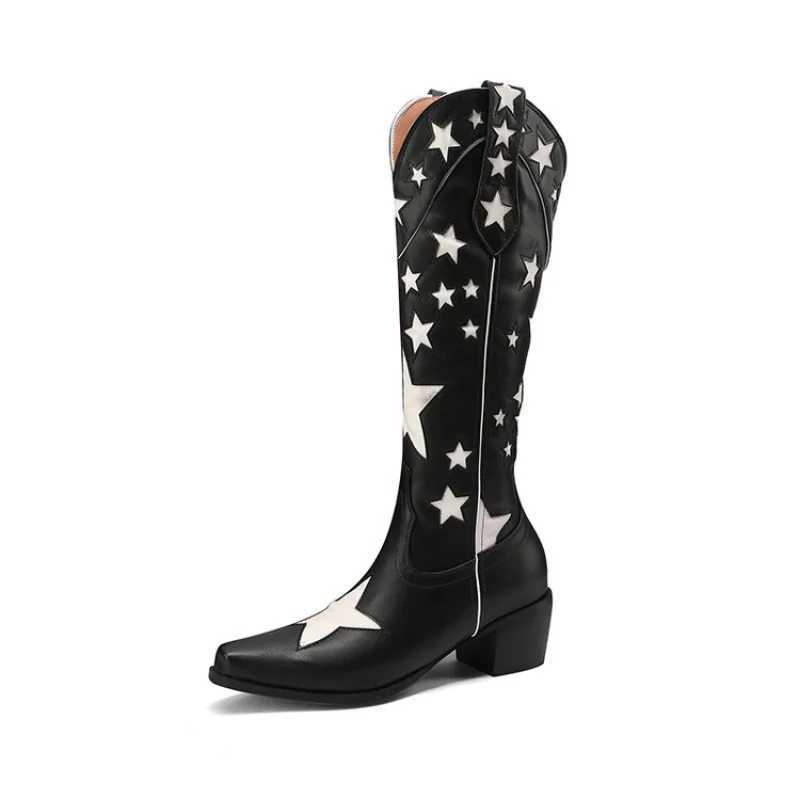 Vintage Trend Star Western Cowboy Boots Women Medium Block Heels Pull-on Cowgirl Boot Woman Autumn Winter Shoes 2025 Fall Winter