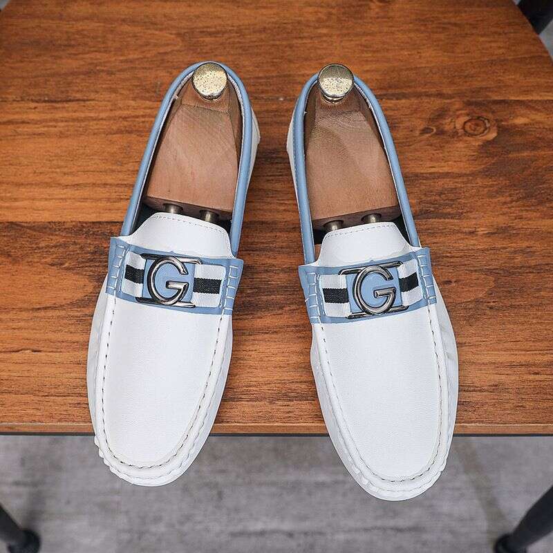 2025 Summer Men's Trendy Casual Bean White Leather Soft Bottom Comfortable Fashion Versatile One Step Shoes 77A1