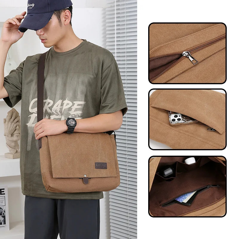Mens canvas casual flip-top shoulder bag 250809