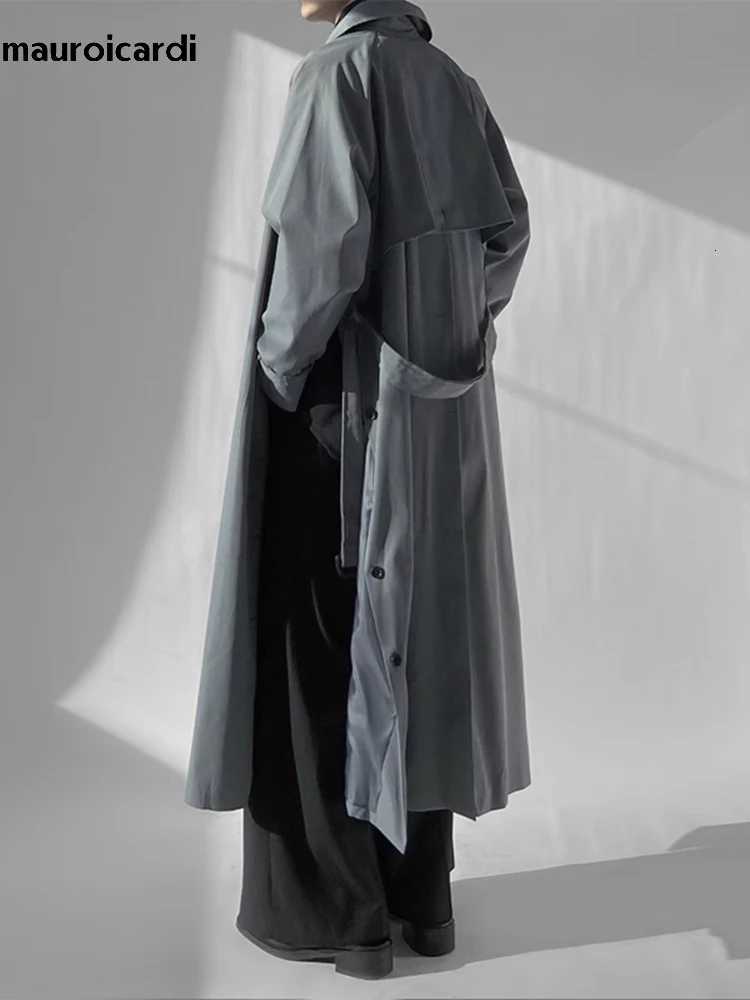 Mauroicardi Spring Autumn Long Black Blue Oversized Trench Coat Men With Side Double Slit Belt Loose Casual Korean Fashion 2023 W250815