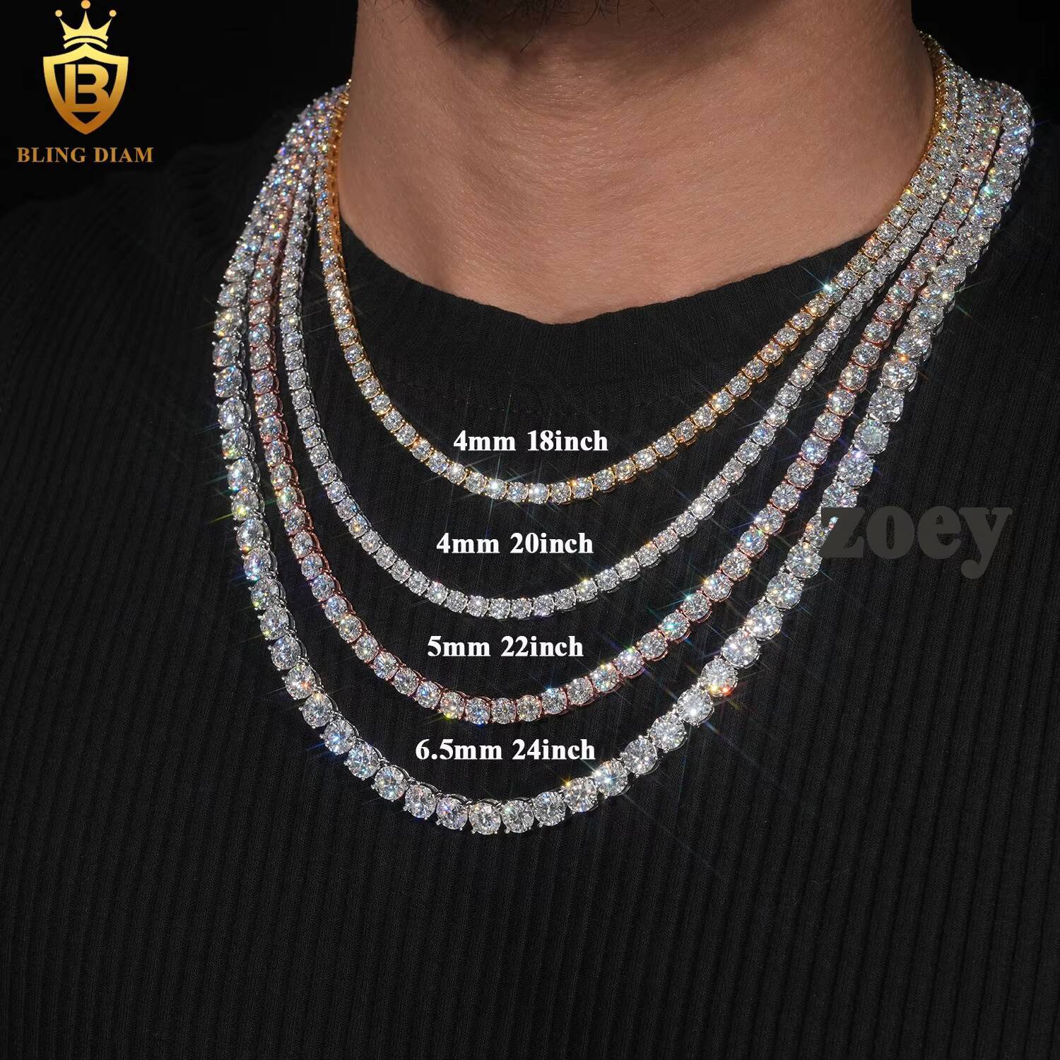 2mm-6.5mm Gold Plated Hip Hop Jewelry 925 Sterling Silver Vvs1 Moissanite Diamond Tennis Chains Bracelet Necklace