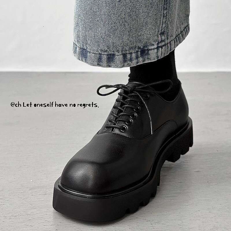 Square Toe Leather High-end Thick Soles, Korean Version Niche Design, Black Loafers For Men With High Height Derby Shoes