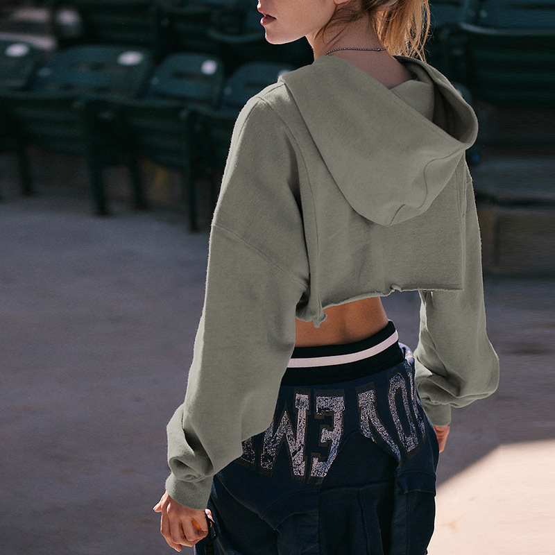 Short Hooded Zipper Sweatshirt Sports Style Jacket for Women Autumn Winter Crop Solid Color Top