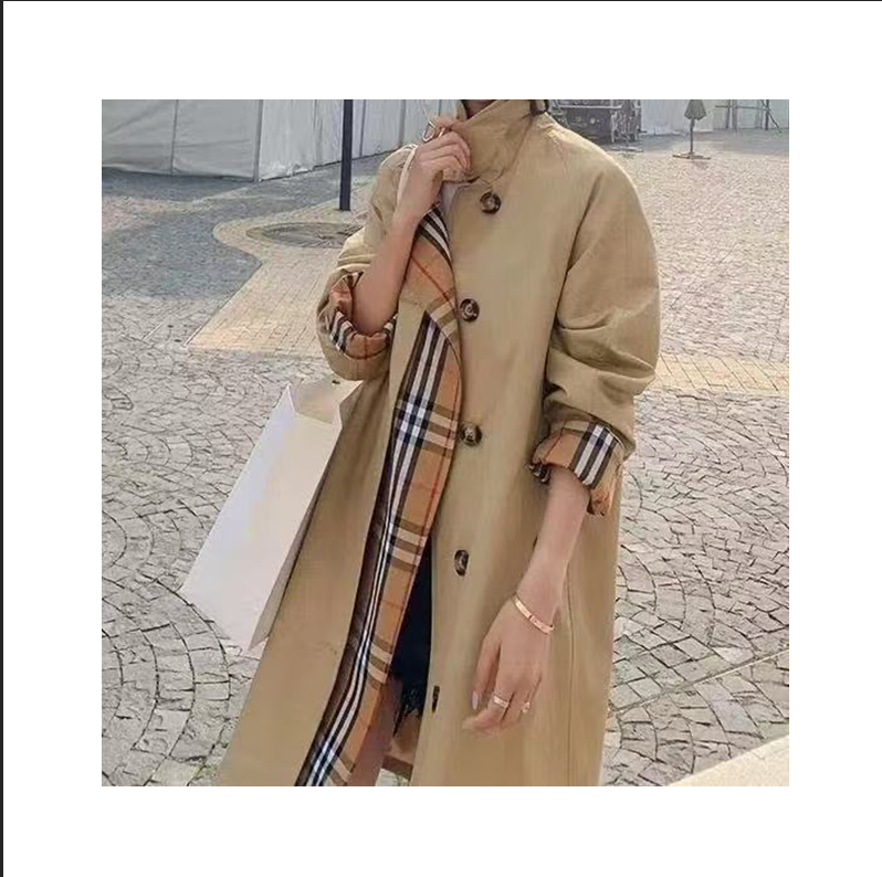 European goods 2025 coat new autumn cotton women's long fashion plaid loose two stitched trench coat
