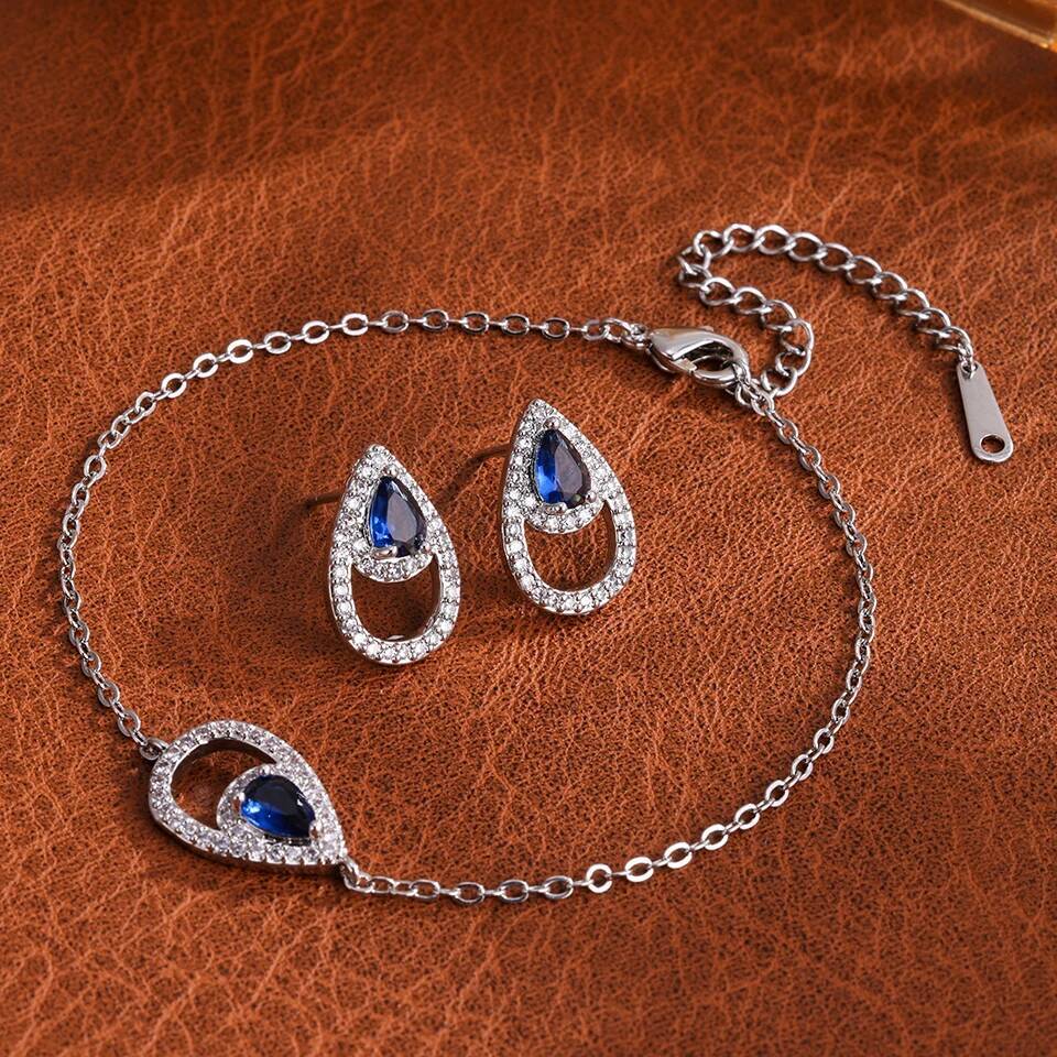 Blue Water Drop Zircon Earring Bracelet Set Micro Pave Cubic Zirconia Fashion Women Jewelry Sets Gift