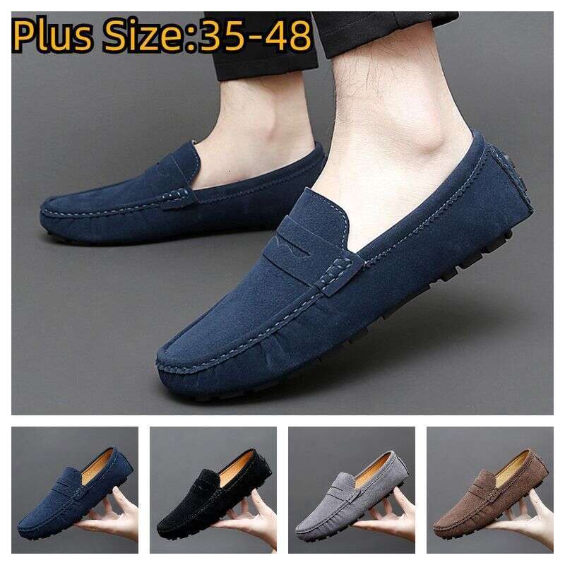 Loafers Men Handmade Leather Blue Casual Driving Flats Slip-On Boat Plus Size 47 48 Lazy Shoes