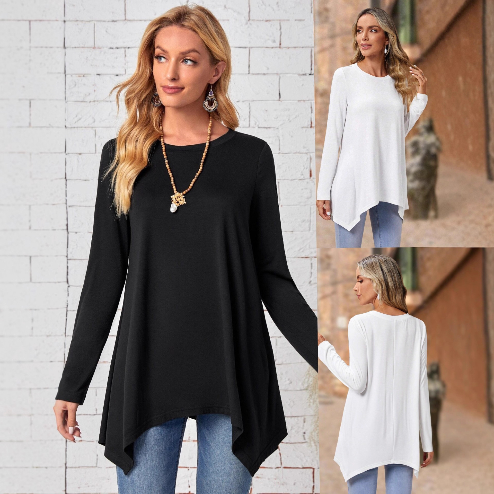 Solid Color Long Sleeve Irregular Fashion Round Neck Top Women's Clothing