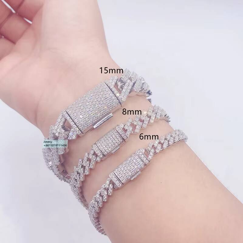 Hip Hop Style Iced Out Jewelry 6mm 8mm 10mm 12mm 15mm Width 925 Sterling Silver VVS Moissanite Cuban Link Chain Bracelet