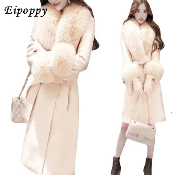 Woolen Coat Womens Mid-Length Korean Style Winter Slim Fit Tied Big Fur Collar Woolen Coat 250811