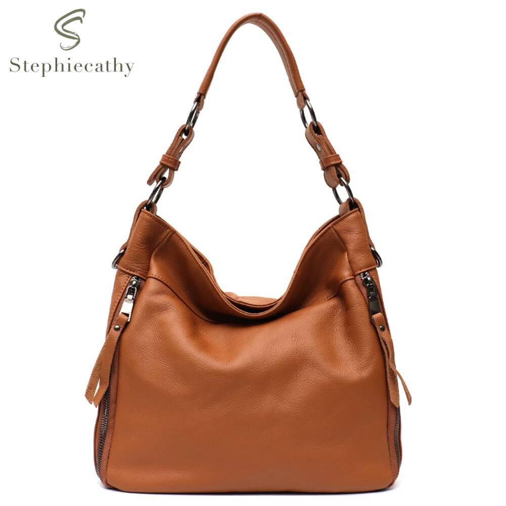 SC Large Slouchy Leather Women Shoulder Bag Lady Cowhide Multi Pockets Casual Soft Hobo Female Messenger Real Skin Handbag