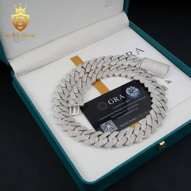 New Design 20MM Moissanite Cuban Chain Necklace High Quality Round Brilliant Cut Diamond 925 Silver