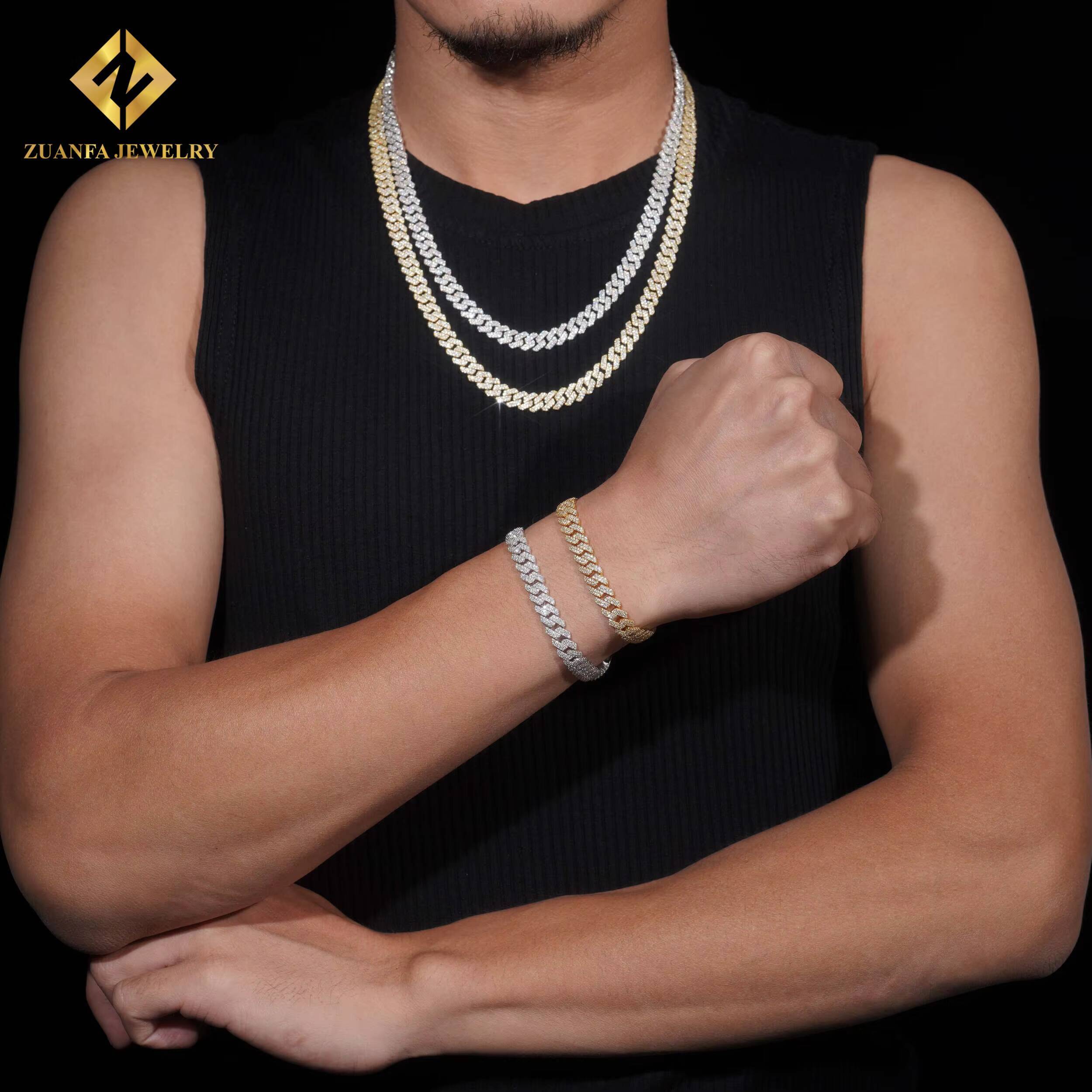 Zuanfa Jewelry Hot Selling Men Hip Hop Cuban Necklace Sterling Silver 925 Gold Plated 8MM VVS Moissanite Cuban Link Chain