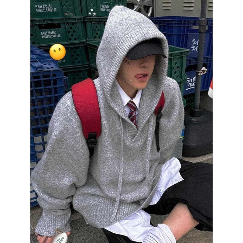 Gray Hooded Knitted Sweater For Men, Autumn And Winter Korean Style, Lazy American Cleanfit Wool Coat B5