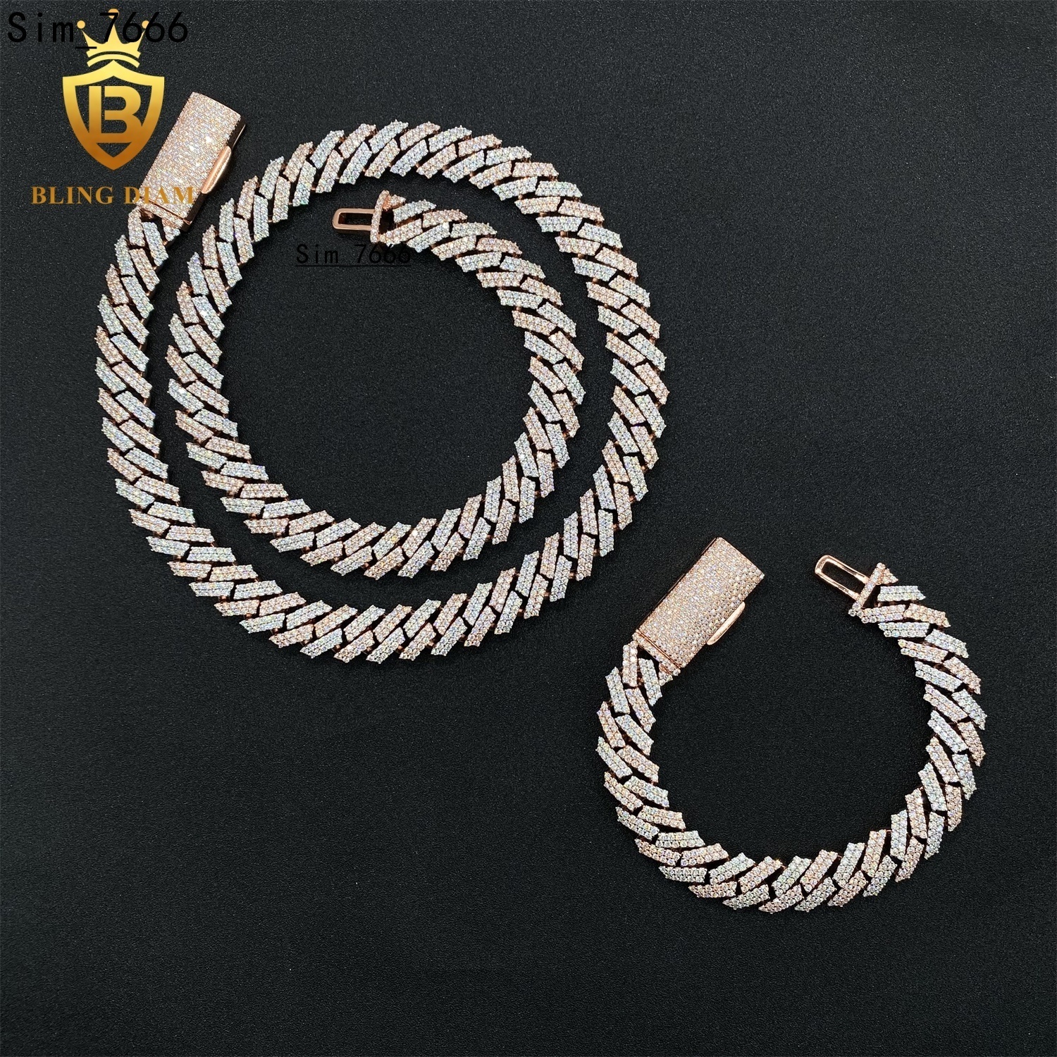 Factory Direct Sale 12mm Cuban Link Chain Moissanite 2 Row Prong Chain Necklace Pass Diamond Tester