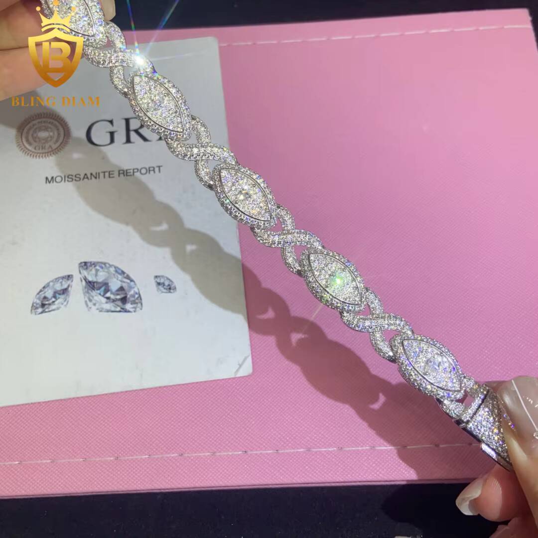 New Design Fashion 925 Silver Cuban Chain Eye Bracelet Moissanite Cuban Bracelet Men Women Hip Hop Style Pass Diamond Tester GRA