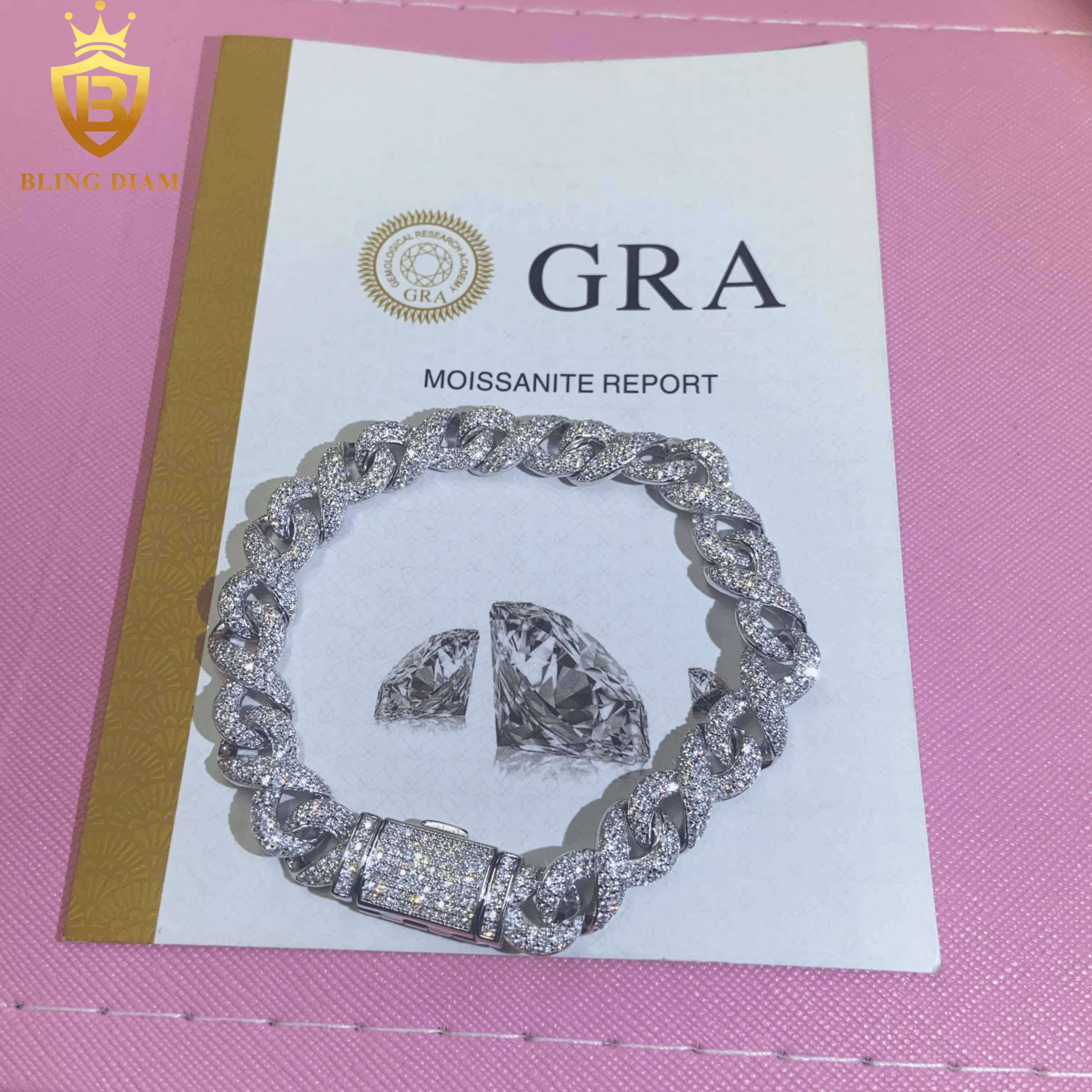 New Design Fashion 925 Eight-Character Chain Moissanite Cuban Bracelet Men Women Hip Hop Style Pass Diamond Tester 10mm with GRA