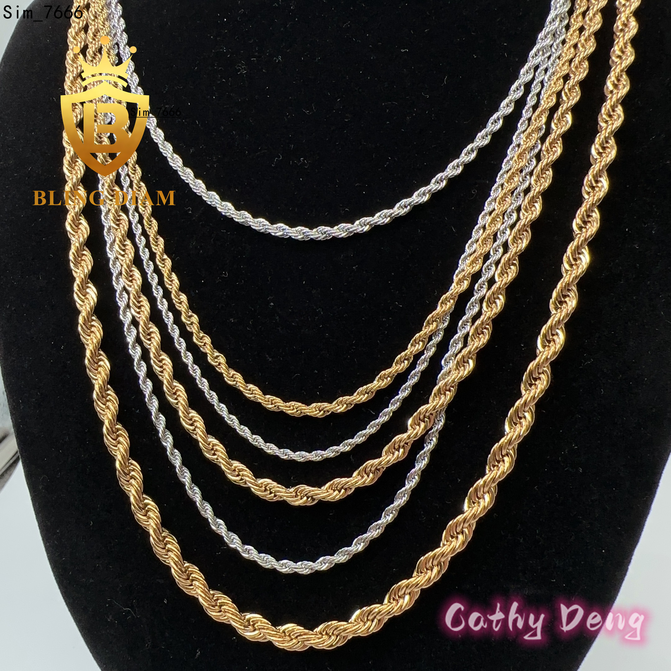 Factory Price 18k Gold Plated 2mm-5mm Rope Chain Necklace Stainless Steel Twisted Rope Chain for Men and Women Rope Gold Chain