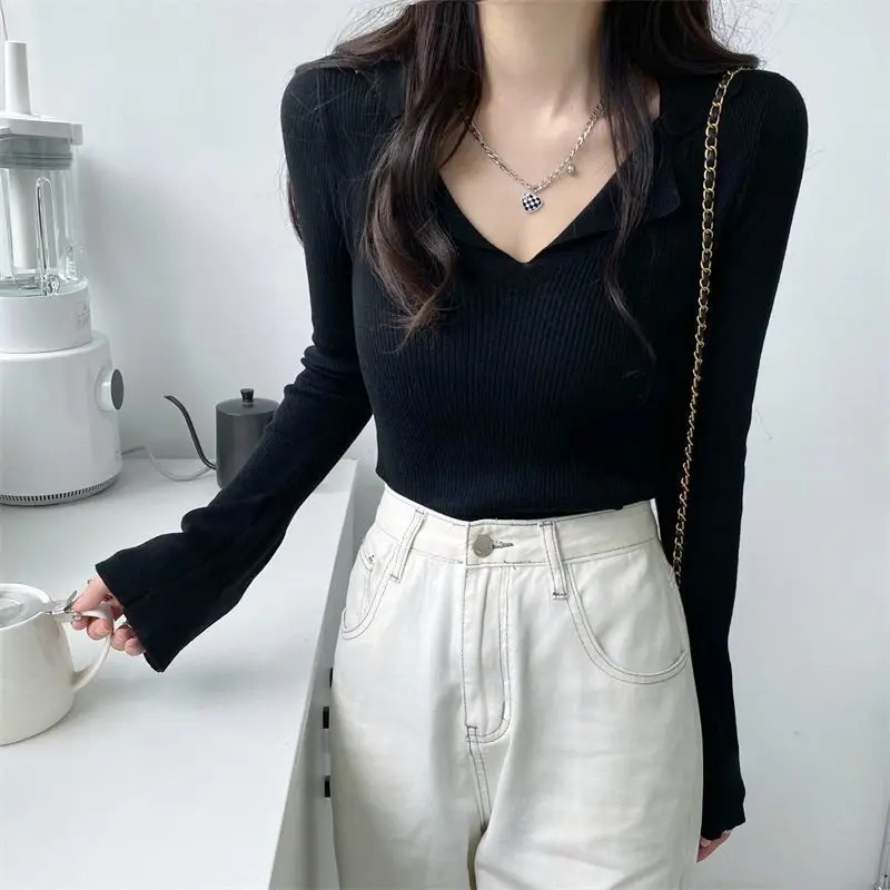 Black Casual Women Polo Neck Tee Shirt T Shirts Woman Top Korean Fashion Clothing Long Sleeve Clothes High Quality Streetwear 250814