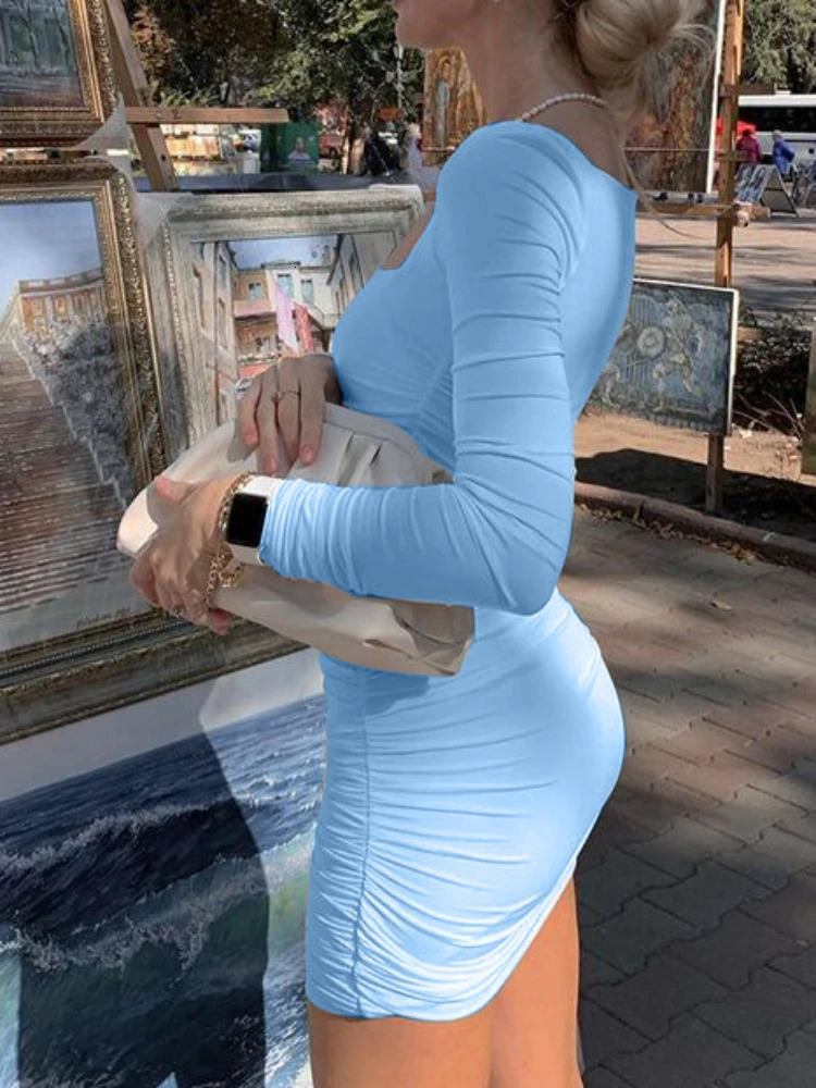 Elegant Square Collar Long Sleeves Folds Slim Bodycon Dress Women Solid Color Skinny Mini Dress Sexy Club Party Vestidos 250808