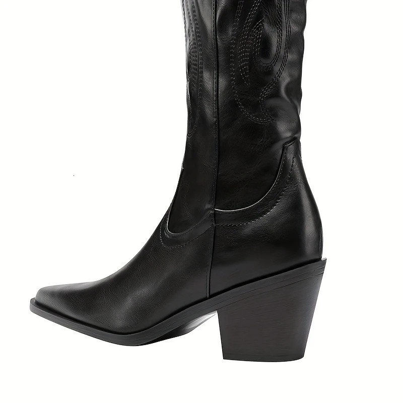 Womens Western Mid calf Pointed Head Large Denim Embroidered Flame High Heels Over Knee Gothic Boots 250809