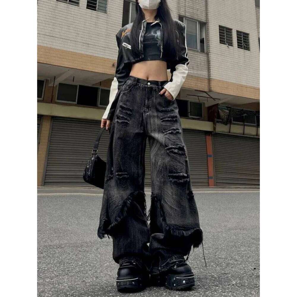American Vintage Y2k Aesthetic Slim Long Denim Pants Personality Spliced Hole Design Punk Jeans All Match Baggy Wide Leg Pant