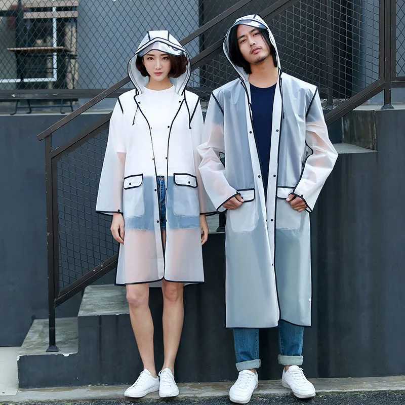 New Fashion EVA Women Poncho With Hat Ladies Waterproof Long Translucent Raincoat Adults Rain Coat Y250814