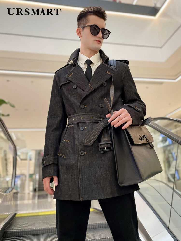 Denim Short Trench Coat for Men with Double Breasted Classic Indigo Blue Fastness Thickened Windbreaker W250815
