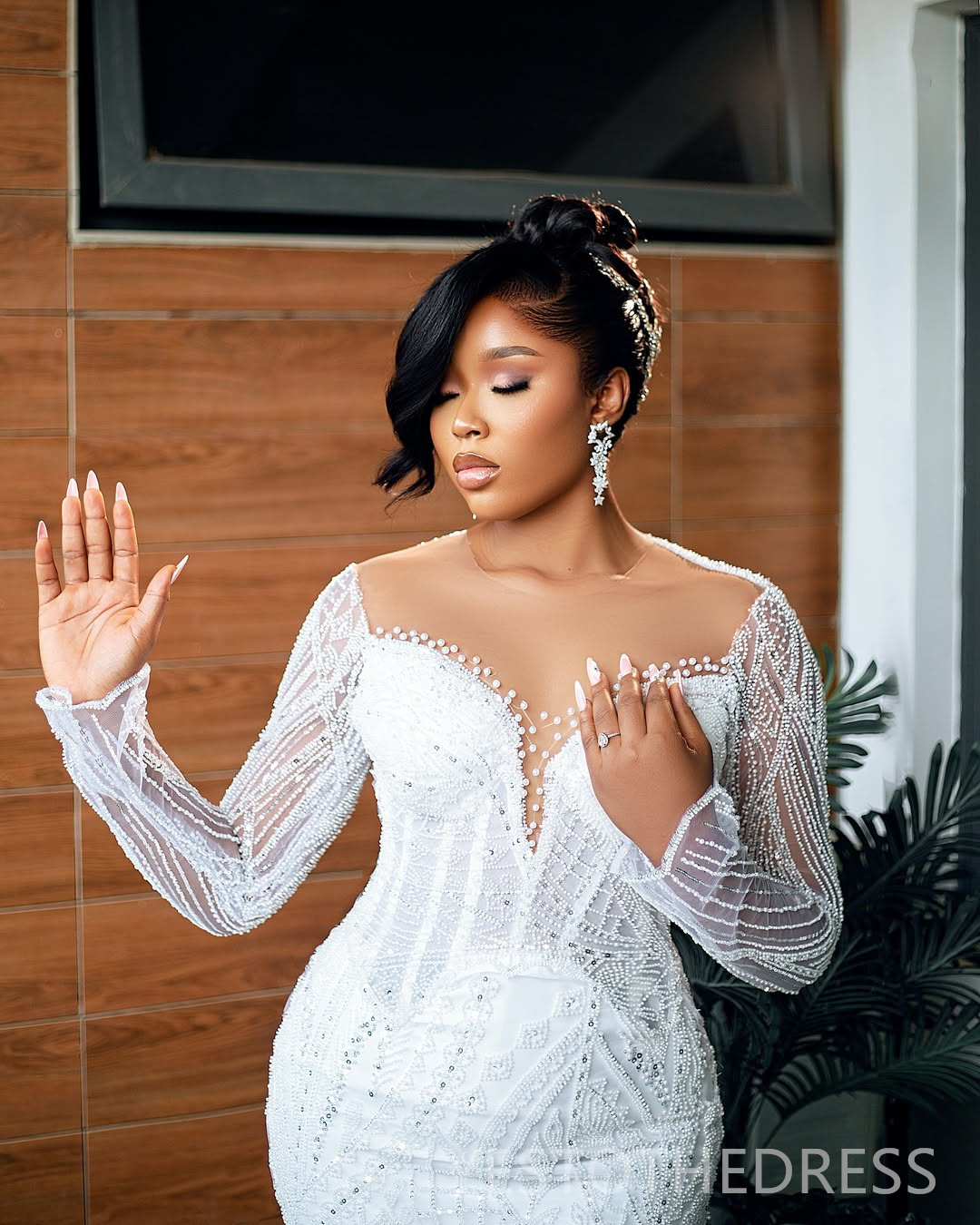 2025 Aso Ebi African Wedding Dress Bridal Gowns For Bride Mermaid Sheer Neck Detachable Train Lace Pearls Tiered Pleat Wedding Gowns For Black Women D