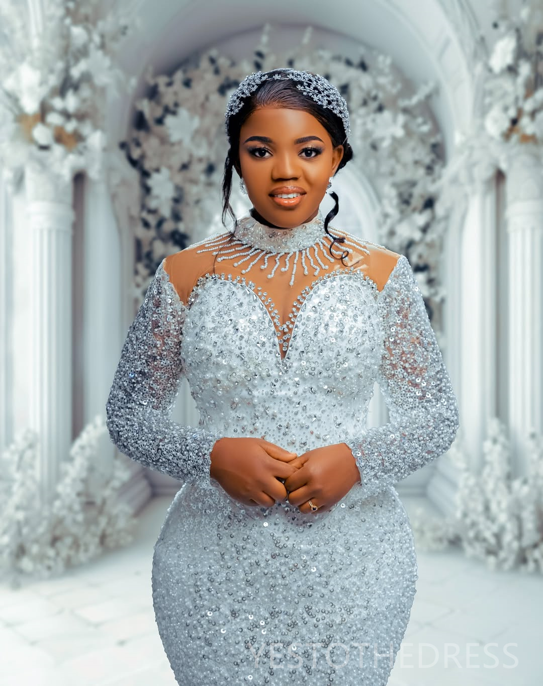 Arabic Aso Ebi Plus Size Off White Mermaid Wedding Dresses 2025 High Neck Sequined Lace Pearls Beaded Floral Lace Luxurious Vintage Bridal Gowns Dress