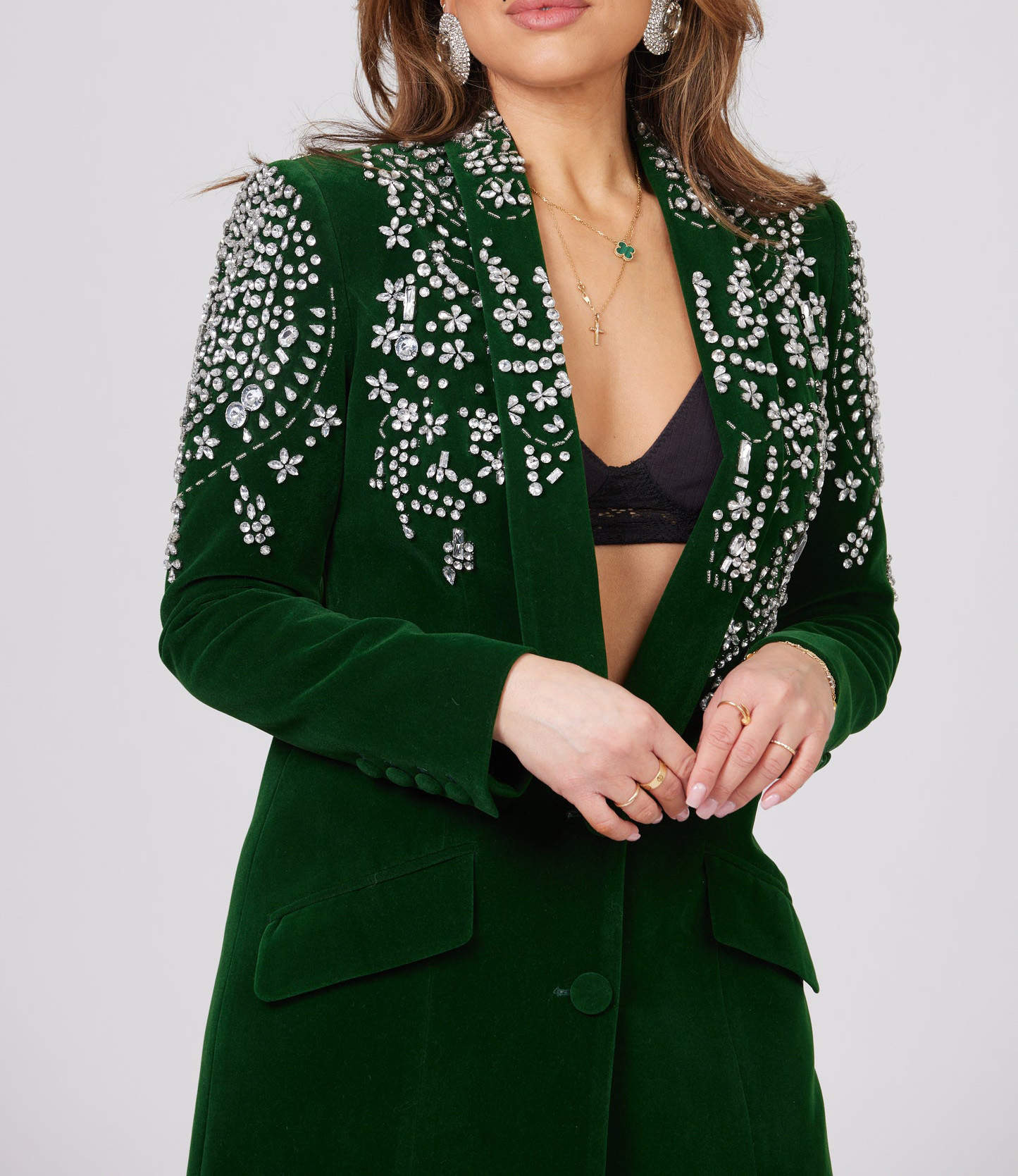 Green Velvet Women Jacket Dress Lady Crystal Beading Customized Blazer Prom Evening Party Blazer One Piece