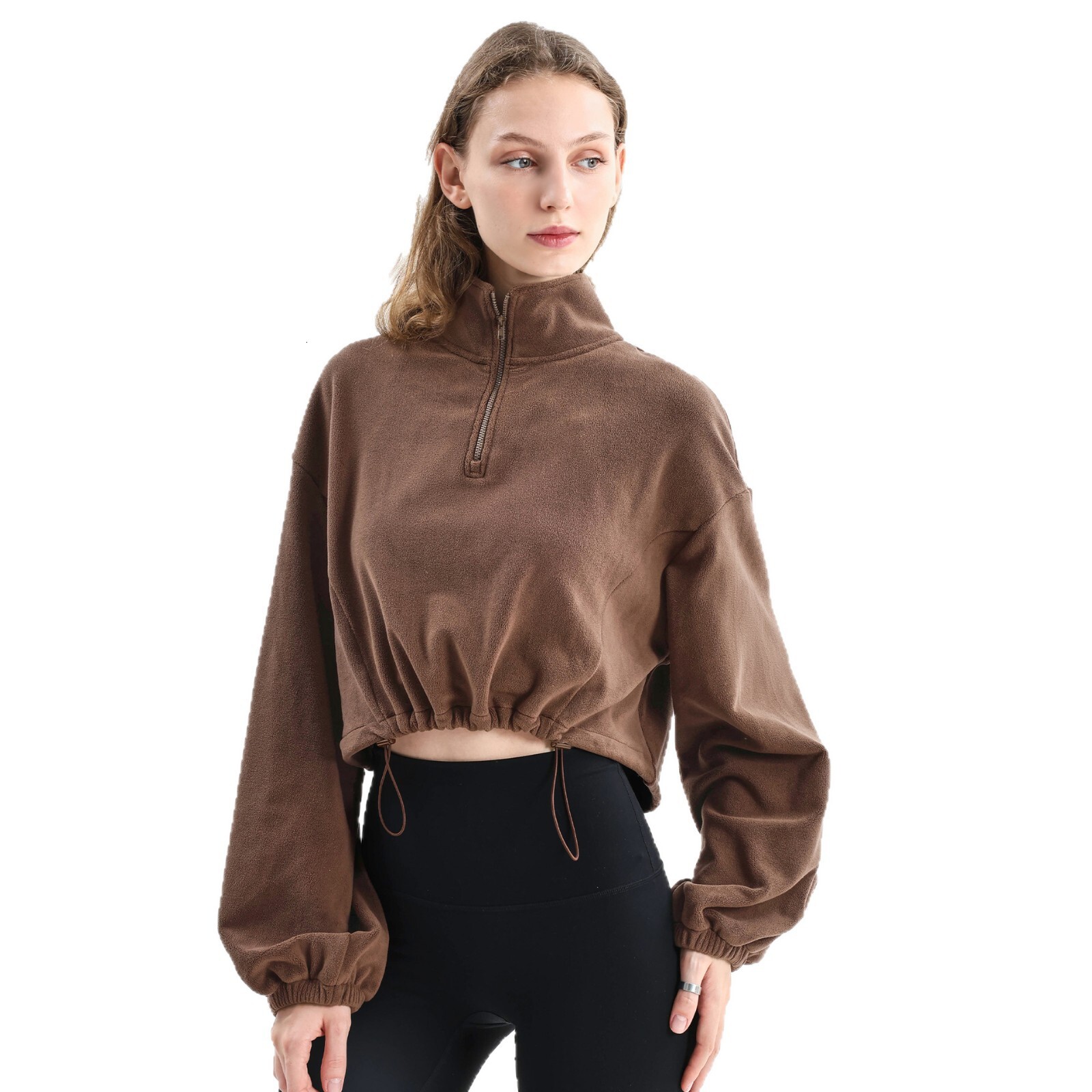 Autumn Winter Half-Zip Fleece Sweatshirt Adjustable Hem Elastic Top Sports Style High Neck Long Sleeve Women