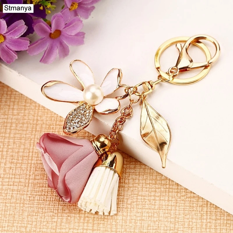 Cloth flower key Ring Chiffon tassel car chains Lady couple bag fashion charm keychain Party Gift K2029 250811