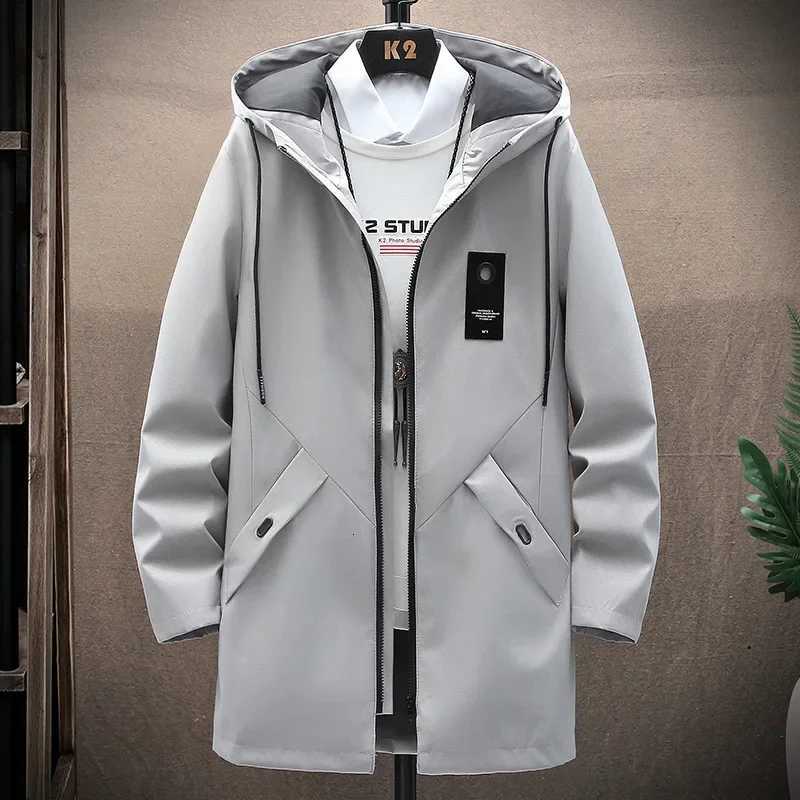 2023 Autumn New Mens Hooded Jacket Solid Color Zip-up Medium-length Casual Trench Coat Windbreaker Stock Available W250815