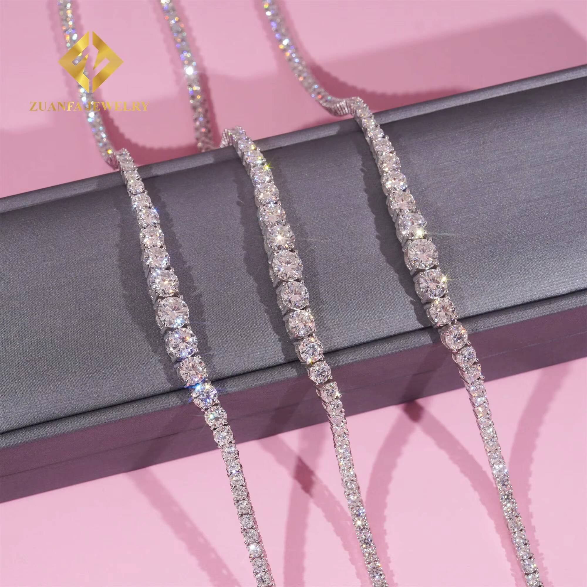 New Design Elegant Women Jewelry 3mm 925 Sterling Silver White Gold Plated VVS1 Moissanite Diamond Cluster Tennis Chain